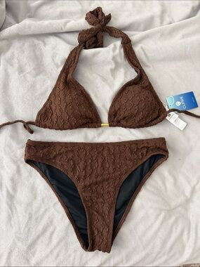 Cupshe Brown Textured Halter Triangle Bikini Set